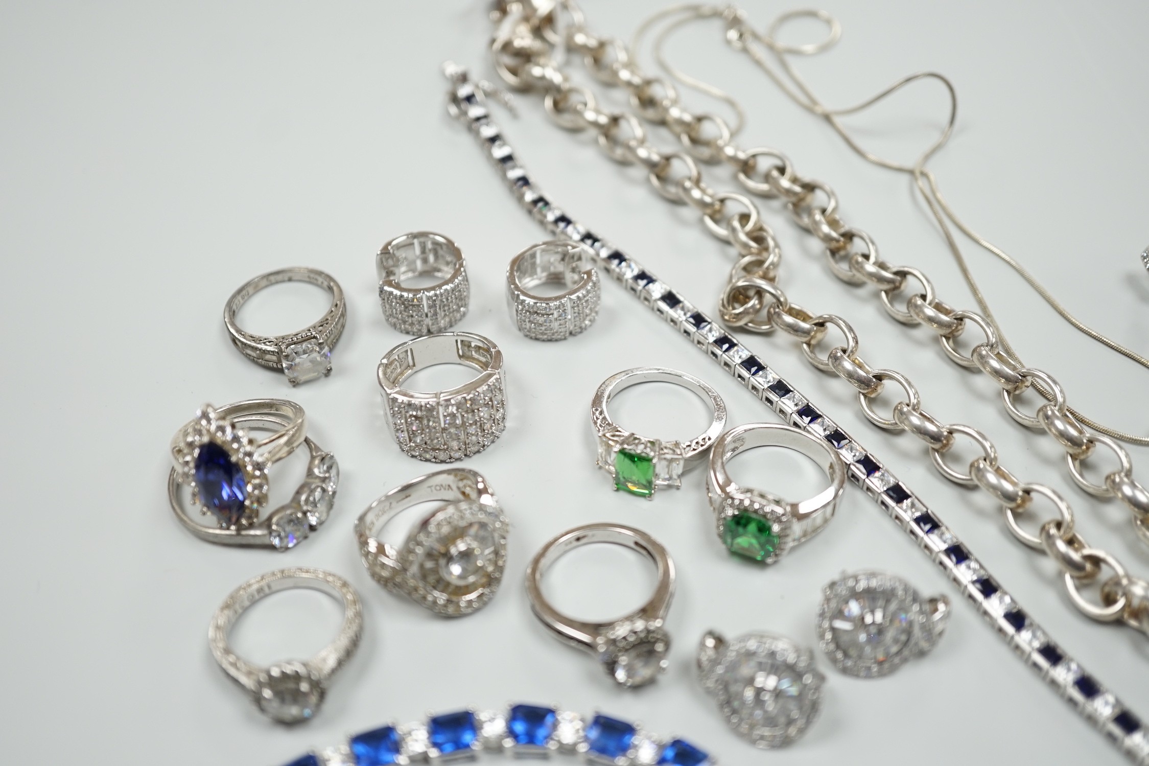 A group of assorted mainly 925 and cubic zirconia set jewellery including rings, earrings bracelet etc. and a 925 necklace.